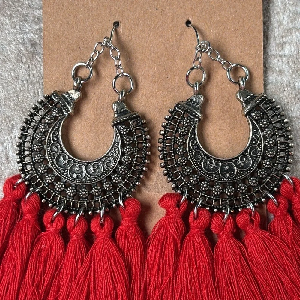 Brand New Red Tassel Oxidized Metal Floral Crescent Boho Festival Drop Earrings